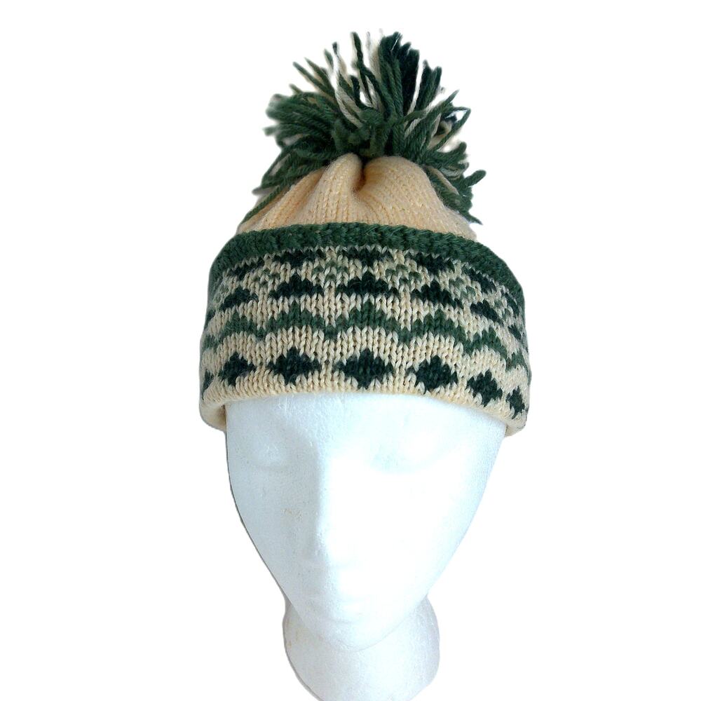Vintage Fair Isle Pom-Pom Beanie Hat Cream and Green One Size